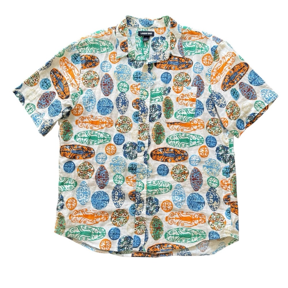 Land's End Large Linen Traditional Fit Short Sleeve Button Up Men's Shirt